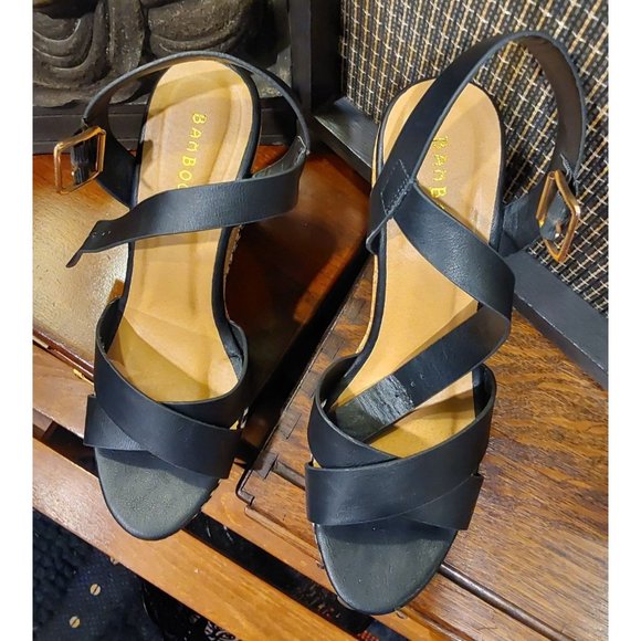 Bamboo Platform Lightweight Wedge Sandals in Black, Cork, Woven. Size 8.5 - Picture 2 of 10